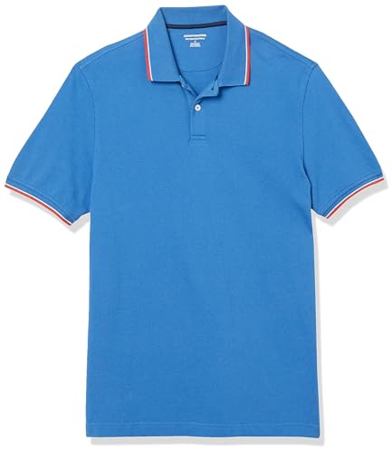 Amazon Essentials Men's Short Sleeve Slim-Fit Cotton Pique Polo Shirt, Breathable Collared, Blue/White and Red Tipped, Large