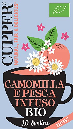 CUPPER Infuso Camomilla e Pesca Ingredienti da Agricoltura Biologica, Tisana Rilassante Fruttata e Delicata, Gusto Avvolgente, Filtri 100% Biodegradabili, Confezione da 20 Bustine
