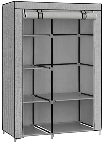 SONGMICS Kleiderschrank, Garderobe, mit 1 Kleiderstange, 6 Einlegeböden, Vliesstoff, Metallrahmen, 45 x 105 x 168 cm, für Schlafzimmer, Flur, grau mit Fischgrätmuster RYG085G22