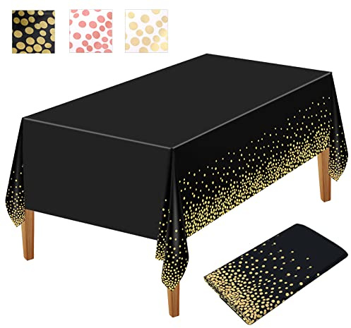 NEBURORA 1 Pack Black and Gold Party Tablecloth Plastic Tablecloth 137x274cm Gold Dot Confetti DisposableTable Cover Rectangular Party Table Cover for Picnic, Baby Shower, Halloween, Birthday