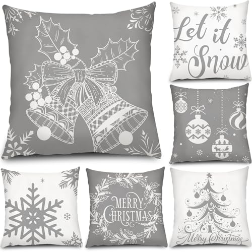 Tatuo 6 Stück Weihnachten Kissenbezüge Feiertag Polsterbezüge Zierkissenbezüge für Sofa Couch Büro Schlafzimmer Dekoration (Silberner und Grauer Stil, 50 x 50 cm)