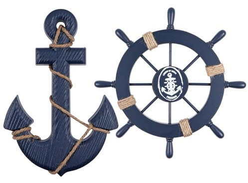 BIMUYI Timone e ancora in legno nautico, decorazione per volante, set da 2 (blu)