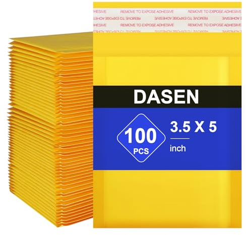 Dasen Kraft Bubble Mailers 3.5x5 Inch 100 Pcs,Small Self-Sealing Waterproof Cushioned Mail Shipping Bags,Yellow Padded Envelopes #0000