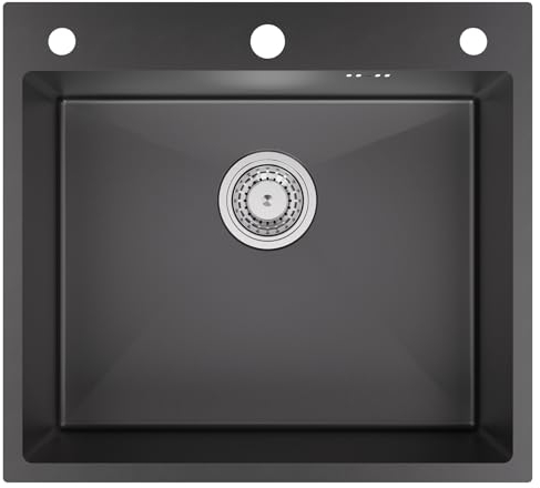 Auralum Évier Noir 54 x 49 cm, Évier Cuisine en acier inoxydable, Lavabo Cuisine encastrable à une cuve, petit Lavabo inclus avec distributeur de savon de 500 ml, bonde d'évacuation et de trop-plein
