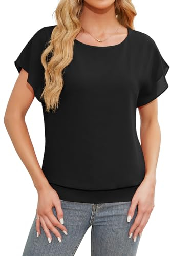 Anelune Damen Tops Sommer Locker Kurzarm Bluse Chiffon Elegante Leichte T-Shirts für Frauen Lässige Flowy Oberteile Schwarz XL