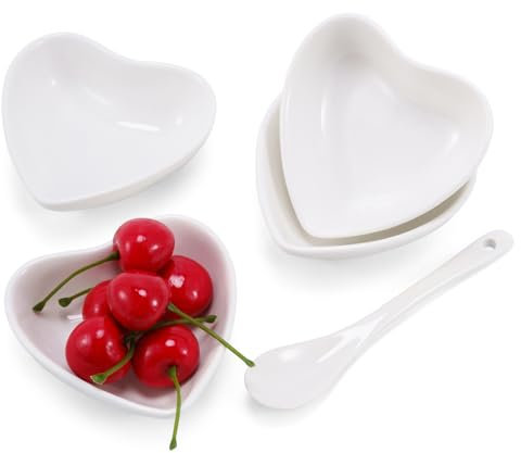 4 Pcs Heart-Shaped Ceramic Sauce Dishes Dip Bowls with Spoon Mini Bowl Set Dish Tableware Sushi Soy Dishes for Snack Appetizer Dessert