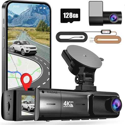 Yabdbg Dash Cam Kamera 4K/2K+1080P med 128GB Kort och Hardwire Kit,True Radar Motion Detection Sensing,360°Parking Monitoring,5G WiFi GPS,APP Bilinstrumentbräda-Inspelare 3.18” IPS 170°