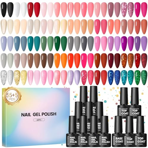 Coscelia 60Pcs Esmaltes Semipermanentes para Uñas, 55 Colores Pintauñas Semipermanentes de 7ML con 5pcs Base Top Coat Brillante y Mate, Set Esmalte de Uñas Semipermanentes con Rosa Rojo Nude