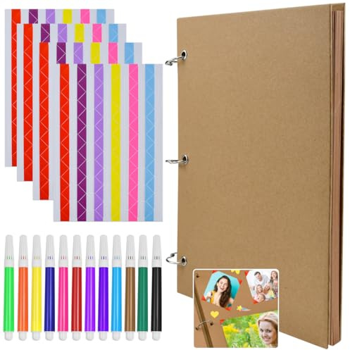 YBCCBY Album Fotografico Scrapbooking,Album di Ritagli Fai da te,Album con Copertina Rigida in Carta Kraft con 30 Fogli/60 Pagine,12 Penne Colorate e 4 Pz Adesivi per Foto (29 x 21cm)