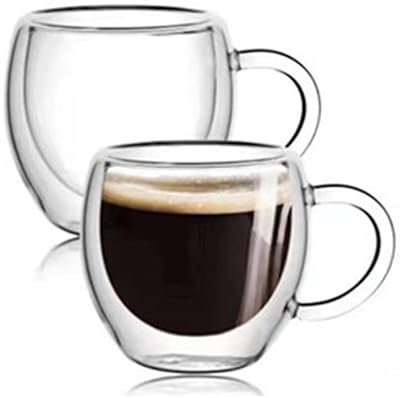 2 Pcs Double Walled Glass Espresso Coffee Handled Cups, 80ml, Vacuum Insulated, Handcrafted Artisan, Strong & Heat Resistant