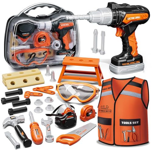 KidBloom Werkzeugkoffer Kinder Geschenk Junge 3 Jahre, Kinderspielzeug ab 3 Jahre mit Bohrmaschine und Bauarbeiter Kostüm Kinder, Spielzeug ab 3 4 5 Jahre Junge