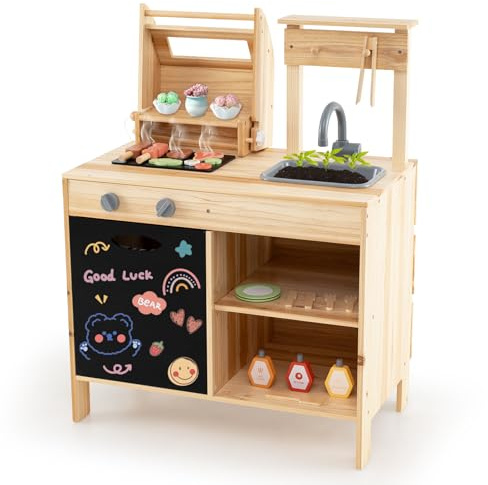 COSTWAY Kids BBQ Grill Playset with Sink, Faucet, Chalkboard Play Food and Cooking Accessories, Wooden Barbecue Grill Toy Set for Boys Girls Ages 3+