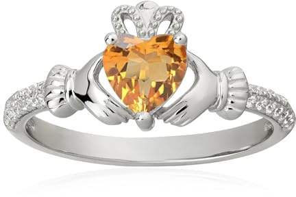 Bague de Claddagh en argent sterling 925 avec pierre de naissance en forme de cœur - 6 mm - Bijou irlandais porte-bonheur pour femme - Taille 6-9, 8, Pierre précieuse, Citrine