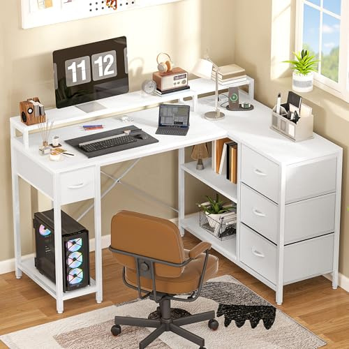 YITAHOME L Shaped Computer Desk with Drawers, Corner Desk with USB Charging Port and Power Outlet, Office Desk with Monitor Stand, 140x100cm Gaming Desks Workstations,White