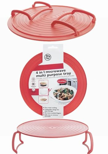 Home Fittings ® Pendeford Microwave Plate Lifter Heat & Eat Holder Stacker Rack Hot Food Plates Anti Slip Steaming Baking Double Tier Folding Support Stand Layered Cooking Organiser Lid RED