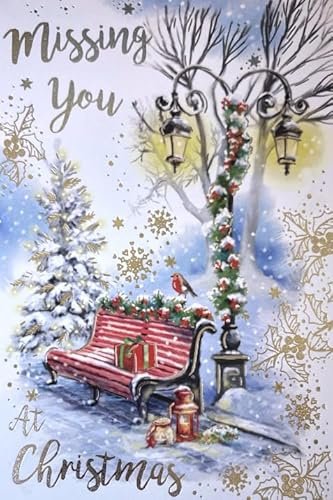 Kingfisher Cards, Missing You at Christmas Card, Large Winter Scene with Gold Foil Accents, Red Bench and Robin Design, Festive Greeting Card