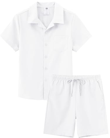 MoFiz Tuta Casual da Ginnastica Bambini e Ragazzi set di Abbigliamento da Spiaggia Completo Estivo Camicie a Maniche Corte con Bottoni e Shorts Bianco Taglia XL (164-17
