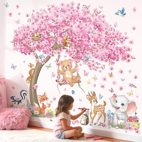 decalmile Adesivi Murali Animali Bosco Albero Fiori di Ciliegio Rosa (XL)