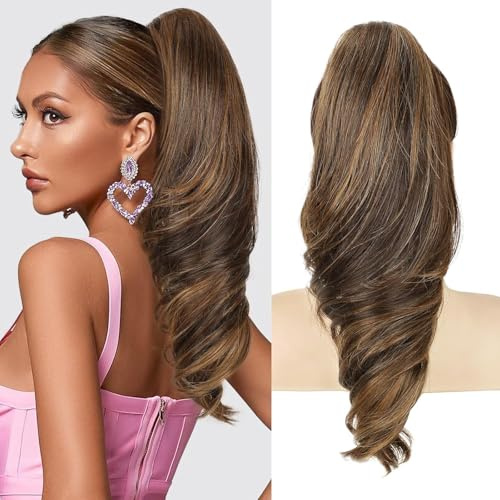 extension queue de cheval pince Longue ponytail cheveux naturel afro | Multi couches duveux épais ondulé en fausses queues de poney cheveux Synthétique Reflets brun chocolat