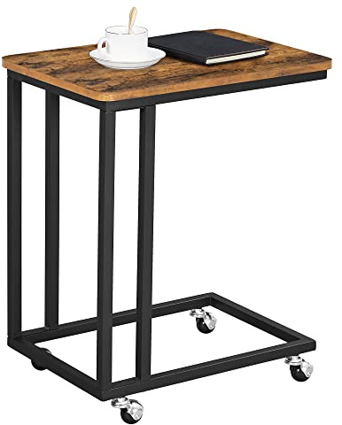 VASAGLE End Table, C Shaped TV Tray with Metal Frame Rolling Casters, Industrial Side Table for Living Room Bedroom, 19.7 x 13.8 x 23.6 Inches, Rustic Brown and Black