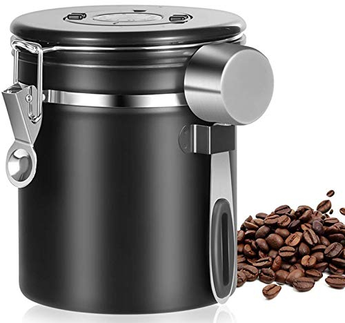 Yopay 480ml Airtight Coffee Canister, Stainless Steel Container with Measuring Scoop, One Way Co2 Valve, Black