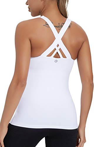 RUNNING GIRL Women's Workout Tank Top,Built in Shelf Sports Bra Strappy Back Compression Athletic Shirts（BX2680.White.M）