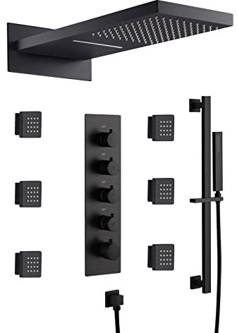 PINCHU Système De Douche Encastré avec Musique Et LED, Pommeau De Douche, Douche À Main, Jets De Massage, Ensemble De Robinet De Douche À Barre Coulissante Fixé Au Mur, 4 Fonctions Set De Douche,Noir