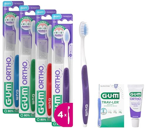 GUM ORTHO Cepillo de Dientes Manual | Cerdas suaves en forma de V | Para la limpieza de aparatos | Mango antideslizante | Tapa de viaje | 4x1 piezas (con 2 muestras de regalo)