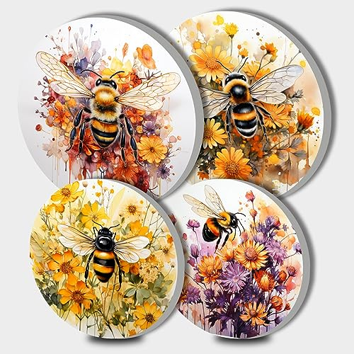 Walarky Garden Bees Picture Round Hob Covers Yellow 4-Piece Stove Plate Cooker Hob Covers for Cookers Colorful Flowers Top Burner Gas Range Oven Protector Kitchen Accessories Cooktop Decorative Decor