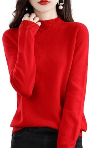 Kashmirtröjor för kvinnor, 100% kashmir långärmad rund hals mjuk varm pullover stickade tröjor, Röd, L