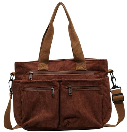 Bolso De Mano De Pana Para Mujeres Bolsas De Carcho De Pana De Gran Capacidad Con Bolsillo MúLtiple ＆ Correa Ajustable Zipper Bolso De Dama Para La Oficina De Compras De Viajes MarróN MarróN