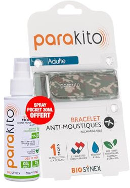 PARAKITO Bracelet Anti-Moustiques Rechargeable Adultes Camouflage + spray pocket 30ml offert