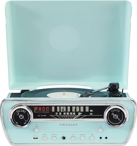 Crosley CR6047A-AB Powel 7-in-1 Bluetooth in/Out Vinyl Record Player with AM/FM Radio, CD Player, and Aux-in, Aqua Blue