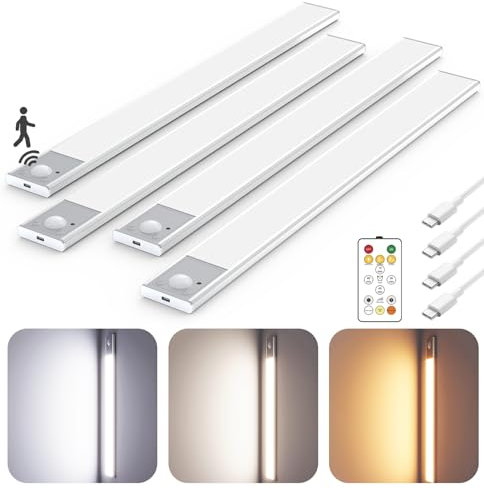 16 Ultra-Thin Under Cabinet Lighting Wireless, Aluminum Alloy Under Counter Lights for Kitchen, 3-Color-Temps Magnetic Closet Lights, Rechargeable Motion Sensor Light Indoor (4 Pack, Silver)