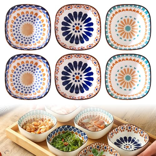 LEKEFETO Lot de 6 petits bols à sauce de style bohème : en céramique, 200 ml, bols à épices empilables, bols à sauce soja, pour sauce soja, snacks, sushis – Ø 9,4 cm