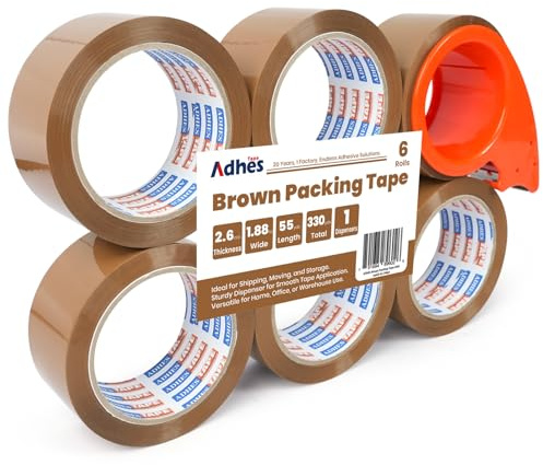 ADHES 6 rotoli per imballaggio film, 48mm x 50m marrone nastro industriale a basso rumore, con taglierina, scatola di cartone per il trasporto e il movimento
