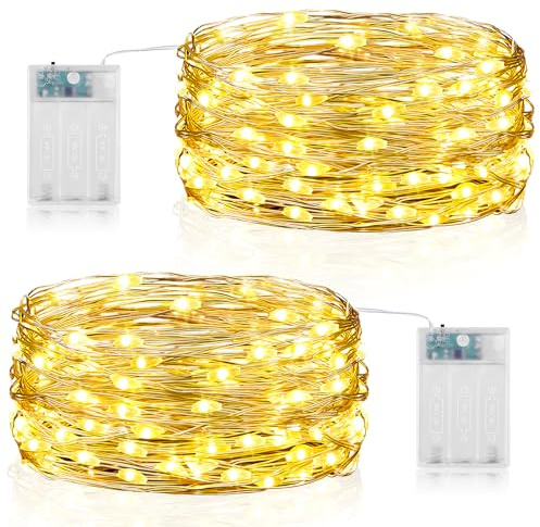 Forepin Guirnalda Luces Pilas, 2 Pieza 5M 50LED Luces LED Pilas con Temporizador, Cadena Luces LED de Alambre para Decorar Dormitorios, Navidad Guirnalda Jardín, Fiestas, Halloween, Bodas