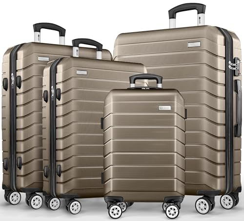 tillvex® Reisekoffer Set 4-teilig + Gepäckwaage, 8X Koffergurte & 4X Kofferanhänger | Kofferset 4 Rollen | Trolley Gepäck Koffer TSA Schloss | Hartschalenkofferset S-M-L-XL (Roségold, Kofferset 4tlg)
