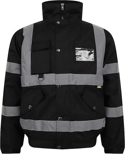 Hi Vis Bomber Jacket Waterproof Safety Workwear – Reflective High Visibility Coat with Padded Lining, Durable Wind Resistant Outdoor Work Jacket (UK, Alpha, L, Regular, Regular, Black)