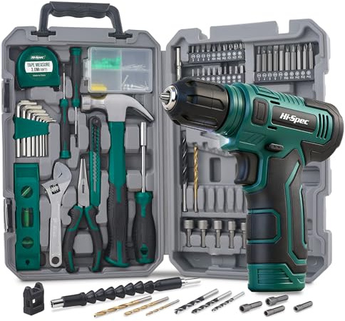 Hi-Spec taladro atornillador eléctrico 8V USB con kit completo de herramientas para el hogar. Taladro inalámbrico recargable con maletín compacto para bricolaje, color Verde