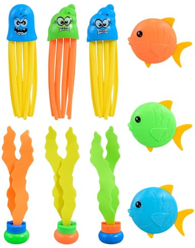 CATZUM 9 Piezas Set de Aros de Buceo y Juguetes Acuáticos, Aros Submarinos, Algas y Torpedos, Entrenamiento de Natación y Diversión en la Piscina, Juguetes de Agua para Niños y Niñas de 4 a 12 Años