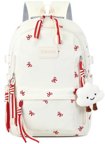 Makukke School Backpack for Girls, Cute Bowknot Aesthetic Bookbag with Laptop Compartment, Large Capacity College Daypack, Water Resistant Rucksack for Teens, High School (Beige)
