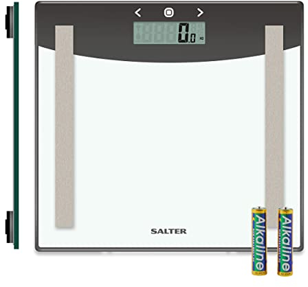 Salter 9137 SVWH3R - bilancia pesapersone compatta professionale in vetro premium, max 180 kg, rileva peso, grasso corporeo/acqua, BMI; modalità atleta, 8 utenti in memoria, batterie incluse, argento