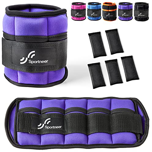 Sportneer Gewichtsmanschetten, Verstellbares Fußgelenkgewichte Set, Fuß-/Handgelenkgewicht Manschetten, 0,22kg bis 0,9kg, pro Knöchel, 0,45-1,8 kg pro Paar, Violett