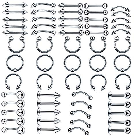 vogem 60PCS Helix Piercing Set Silber Edelstahl Körperschmuck Studs Barbells Bananabells für Ohr Lippe Nase Zunge Augenbrauen Nippel Piercing Ring Multizweck