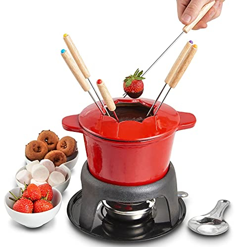 Juego De Ollas Para Fondue De Hierro Fundido, Crisol De Queso Y Chocolate Esmaltado Con 6 Tenedores Para Fondue Codificados Por Colores, Quemador De Fondue Y Base Para Olla De Fondue, 11 Piezas, Rojo
