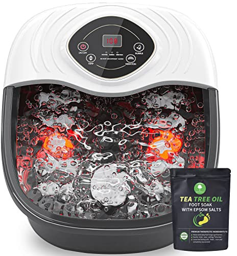 Spa de pies, masajeador de baño de pies con aceite de árbol de té, remojo de pies con sal de Epsom, con calor, burbujas y vibración, luz roja, caja de medicinas, control digital de temperatura, 8