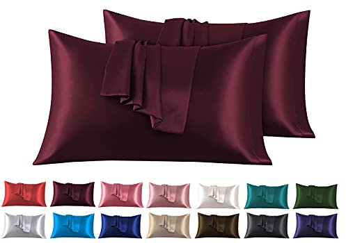 Satin Kissenbezug 40 x 80 cm 2 Stück- 100% Satin, Superweicher Kopfkissenbezug, Kissenhülle Bordeaux