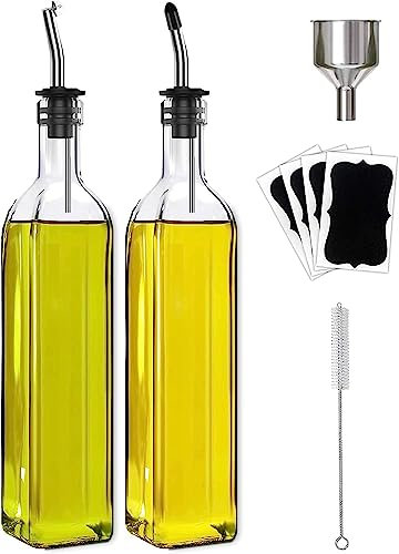 Leaflai Oil Dispenser Oil Bottle for Kitchen, 2 Pcs Glass Olive Oil Dispenser and Vinegar Dispenser Set with Funnel Easy Refill (500ml)