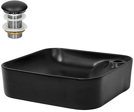 ML-Design Lavabo de Cerámica Negro Mate Con Esquinas Redondeadas 43 x 43 x 12cm con Con Juego De Drenaje Sin Rebosadero Lavamanos Moderno De Encimera Sobremesa Pila Para Baño Aseo Fregadero Colgante
